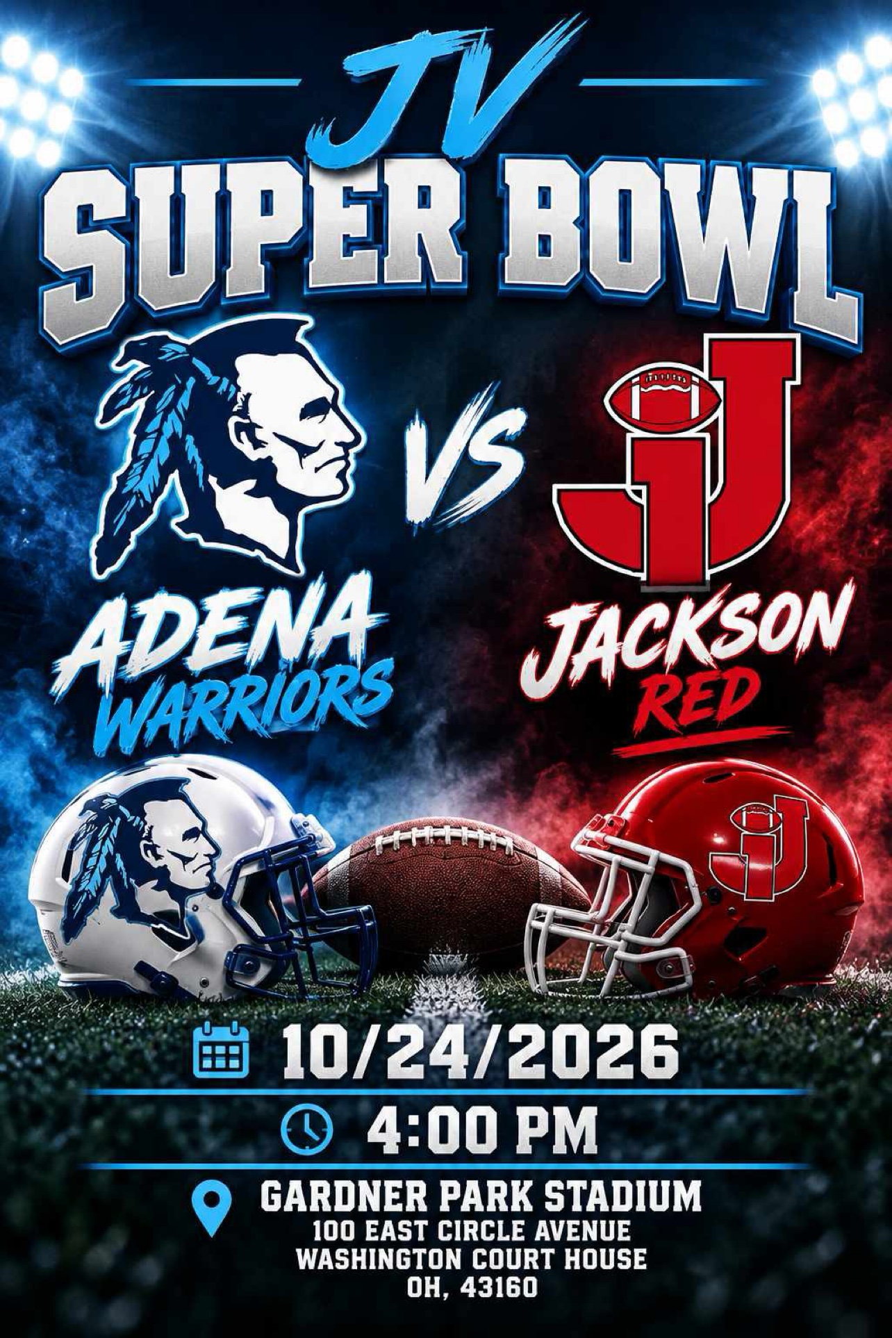 JV Super Bowl poster: Adena Warriors vs Jackson Red, October 24, 2026, 4 p.m., Gardner Park Stadium, Washington Court House