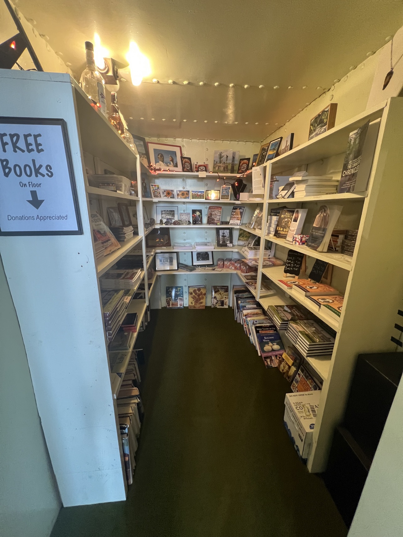 The old bank vault is now a bookstore for local authors. Free books are on the floor; donations are appreciated.