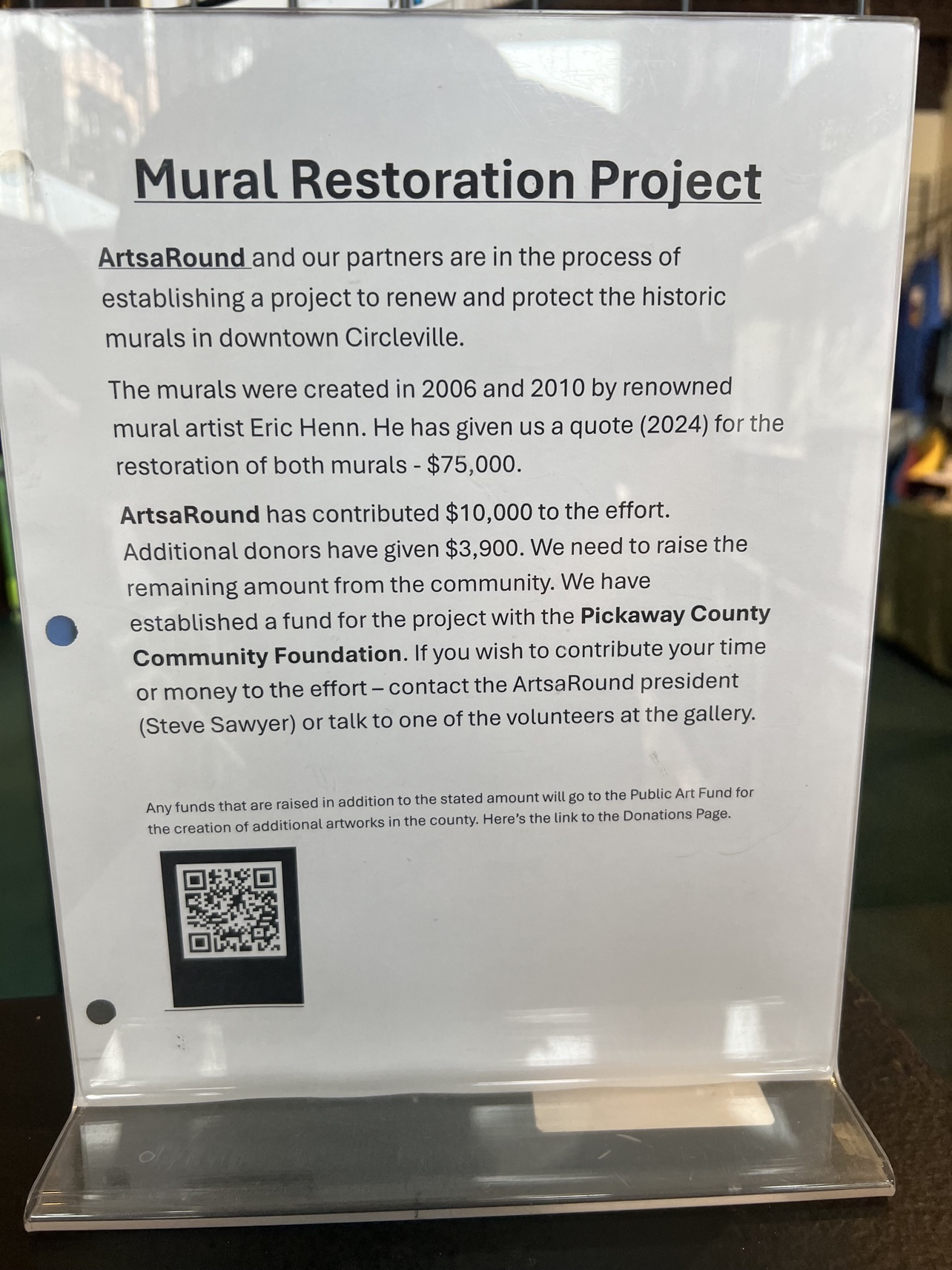 The mural restoration fund: the goal is $75,000 to restore Eric Henn’s two downtown Circleville murals.