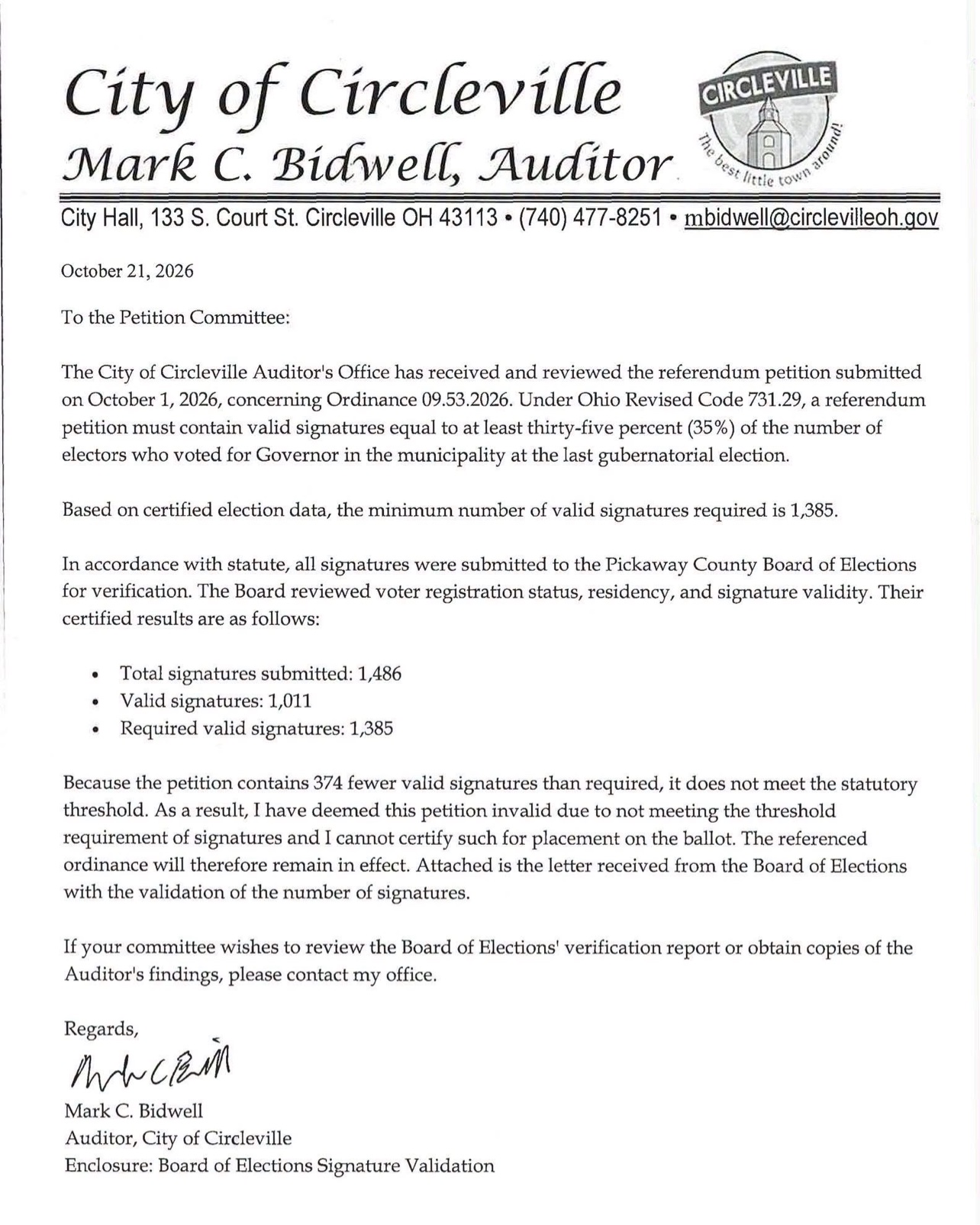 Circleville City Auditor Mark Bidwell letter ruling the referendum petition invalid
