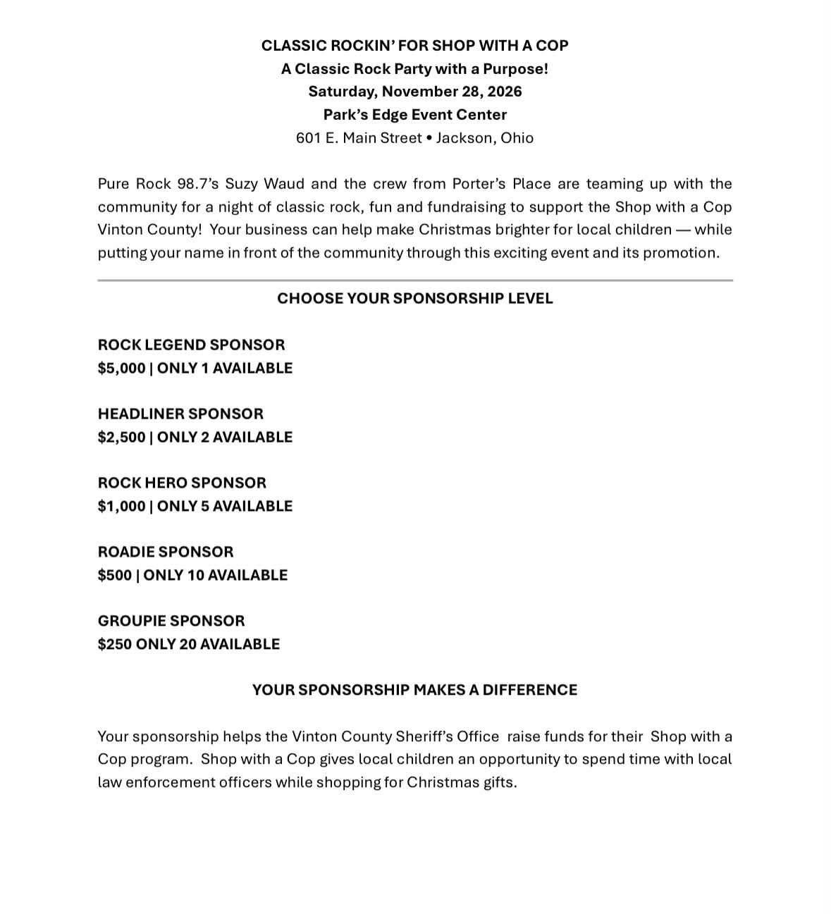 Classic Rockin' for Shop With a Cop concert flyer
