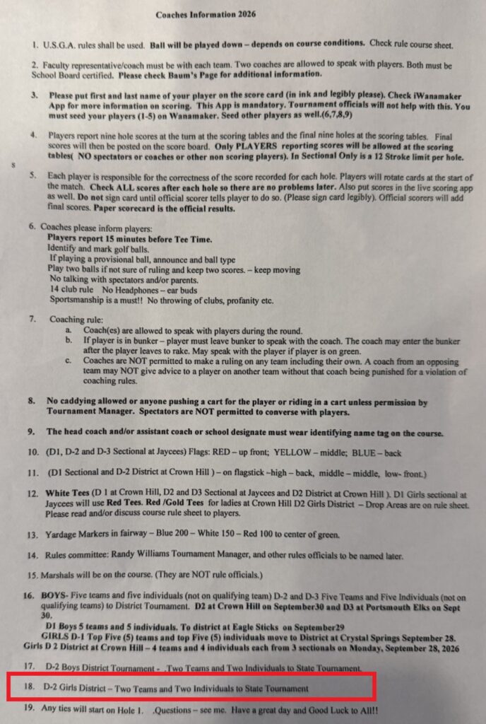 Coaches Information 2026 sheet for the Southeast Ohio golf tournaments, with item 18 stating that the Division II girls district sends two teams and two individuals to the state tournament.