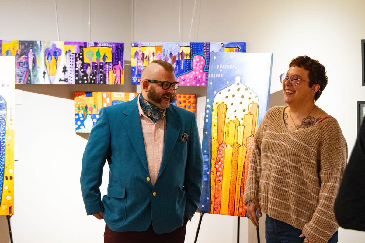 Artist Michael Kirk at the Patricia Scott Art Gallery inside Bennett Hall.