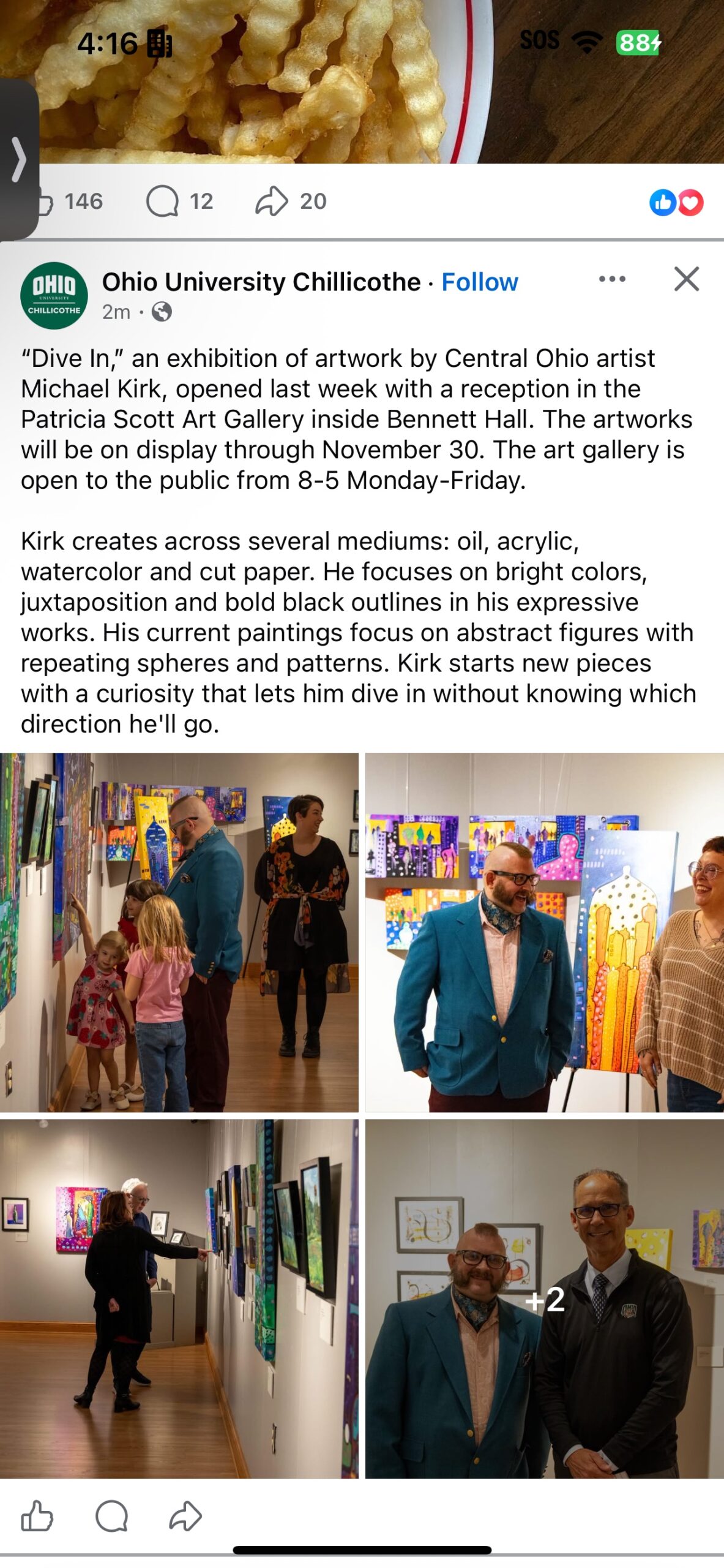 Visitors take in Michael Kirk's paintings at the Patricia Scott Art Gallery at Ohio University Chillicothe.