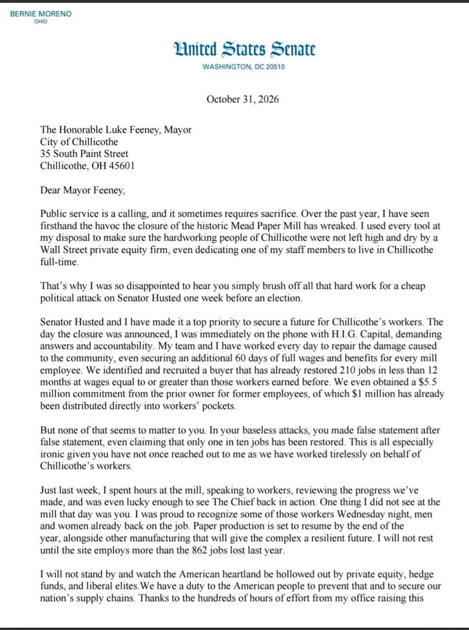 Page 1 of Sen. Bernie Moreno's October 31, 2026 letter to Chillicothe Mayor Luke Feeney