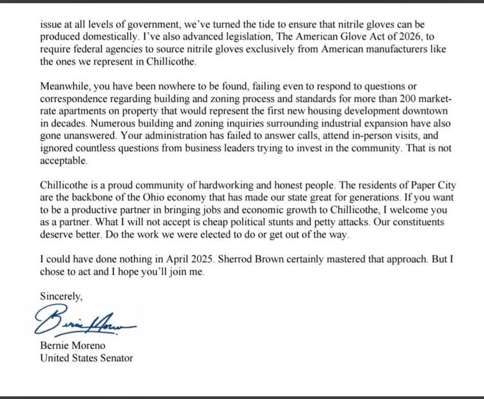 Page 2 of Sen. Bernie Moreno's October 31, 2026 letter to Chillicothe Mayor Luke Feeney