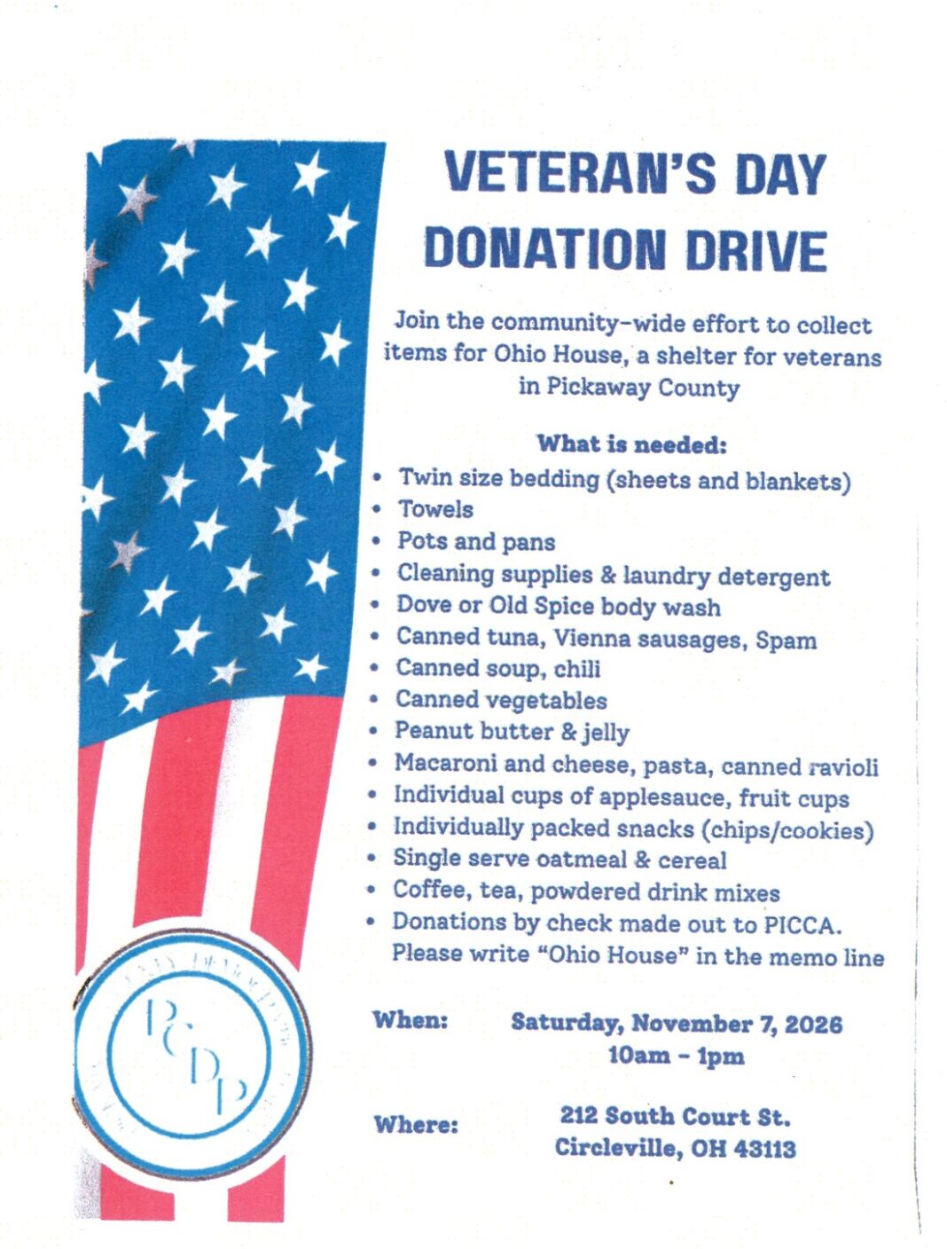 Veteran’s Day Donation Drive Set for November 7 in Circleville