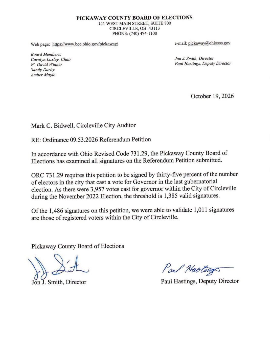 Circleville Referendum Petition Falls 374 Signatures Short, City Auditor Rules