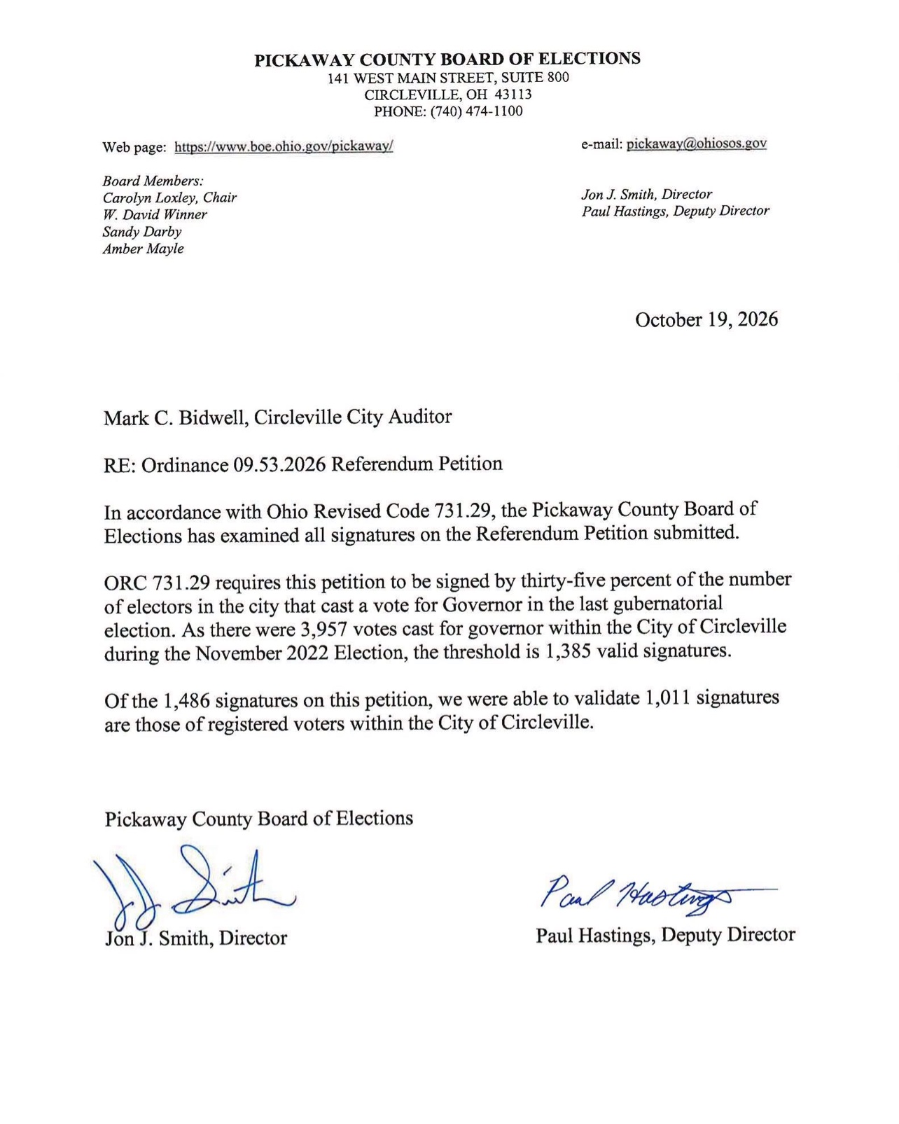 Circleville Referendum Petition Falls 374 Signatures Short, City Auditor Rules