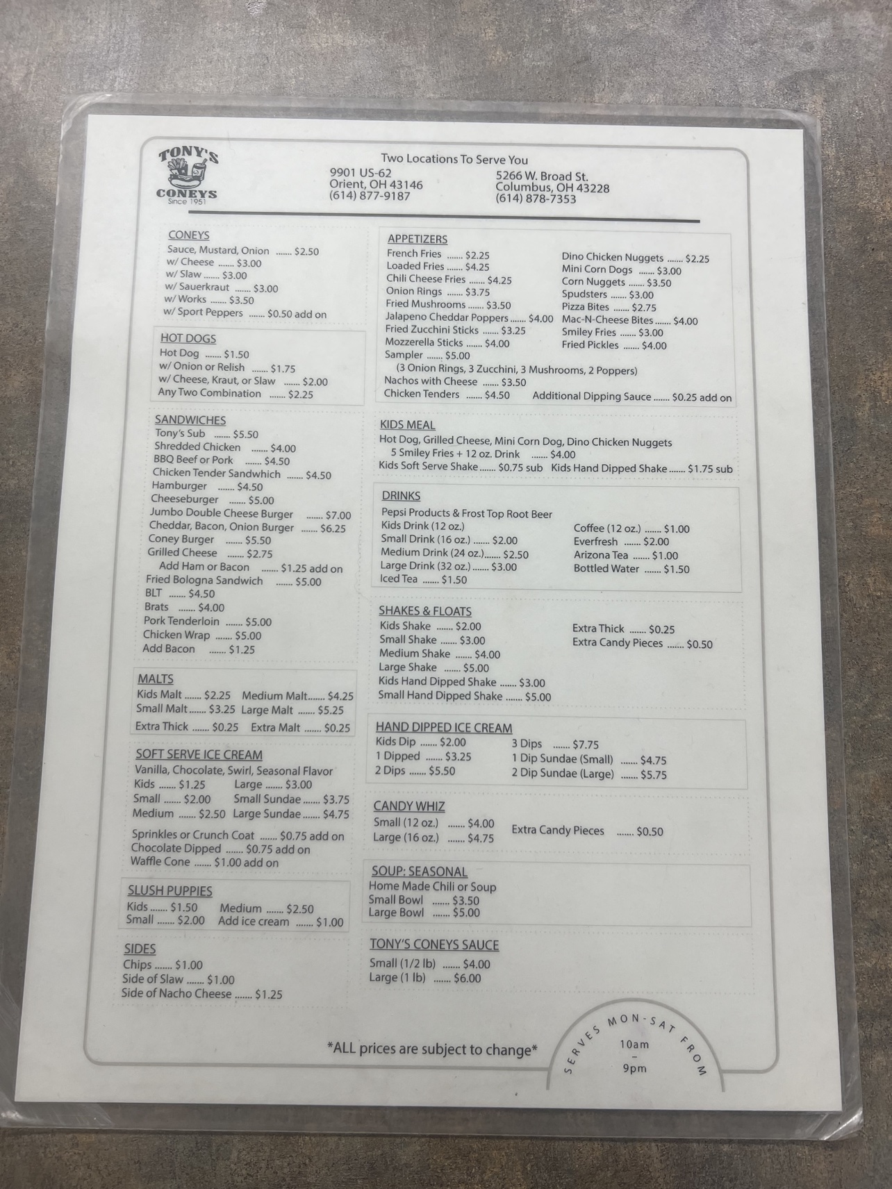 Full printed menu at Tony's Coney's in Orient Ohio with prices