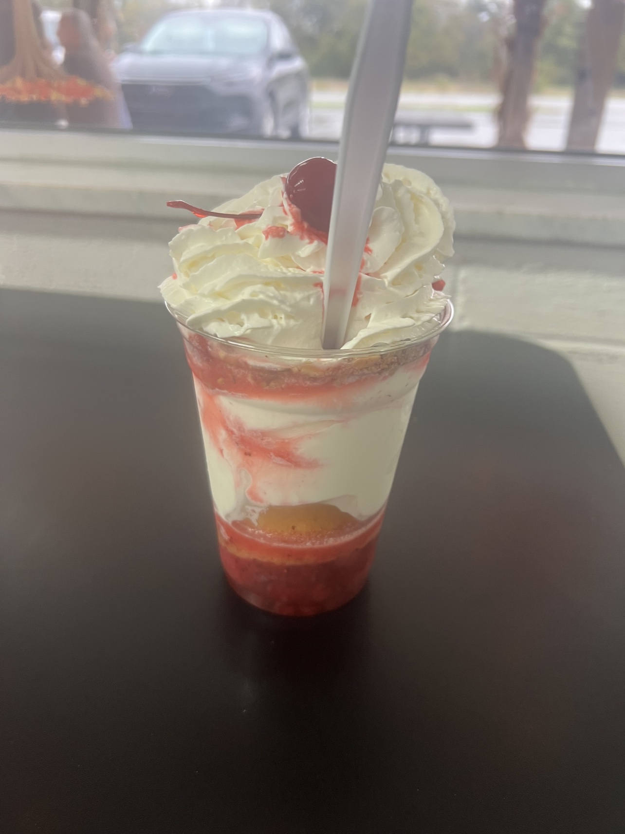 Strawberry shortcake sundae with whipped cream at Tony's Coney's